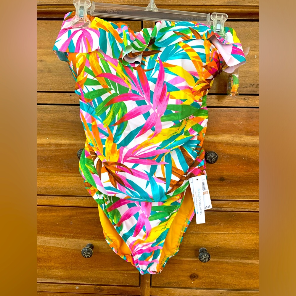 NWT BLEU Rod Beattie Swimsuit 1-Piece Multicolor Exotic Print, Ruffle, Straps 12